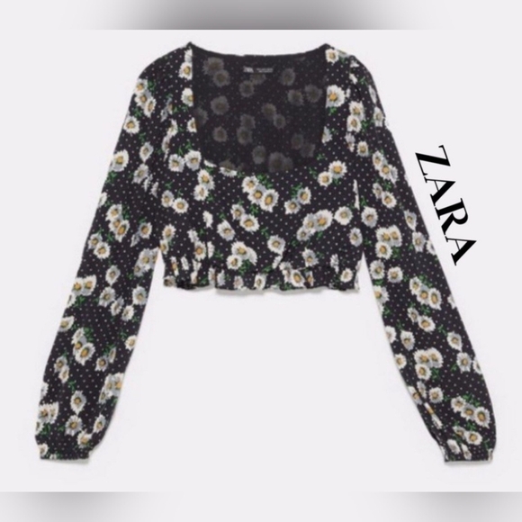 Zara Women's Black Floral Daisy Print Long Sleeve Square Neck Crop Top, SMALL - Picture 5 of 8